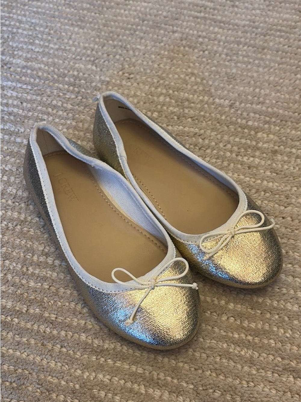J. Crew Gold Metallic Ballet Flats with Bow Trim